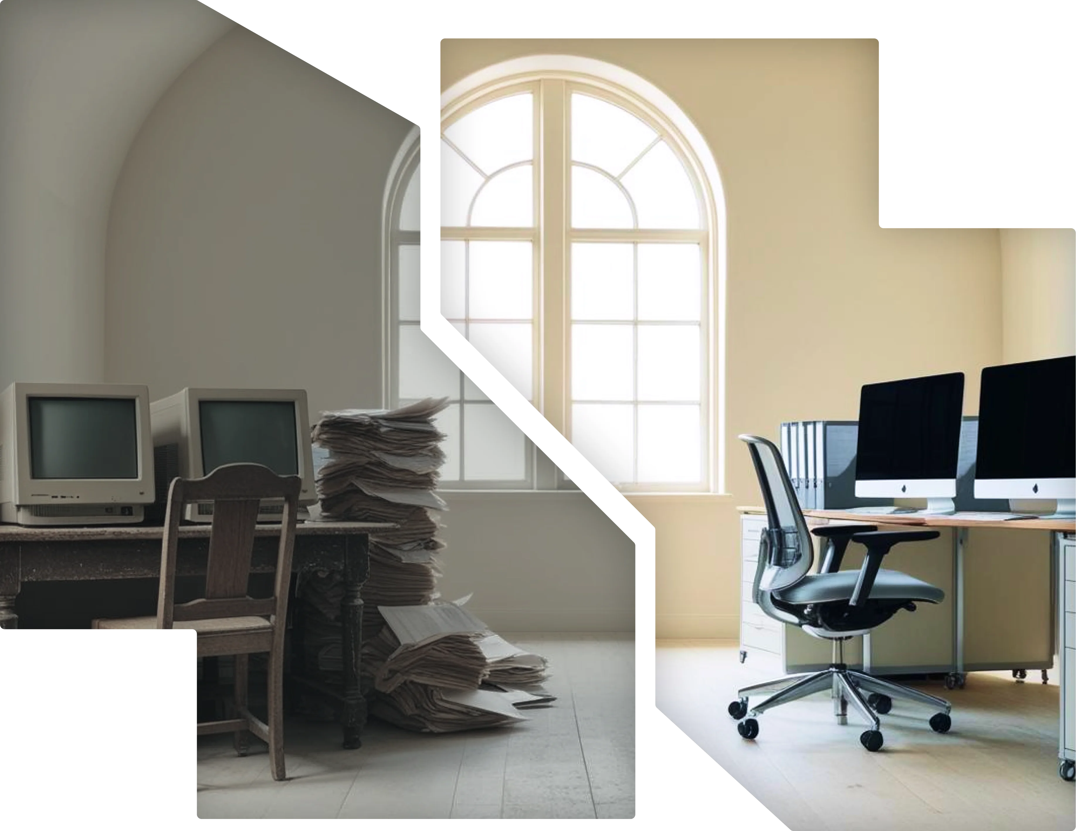 An old computer setup and a transformed modern setup separated with a multidirectional line.